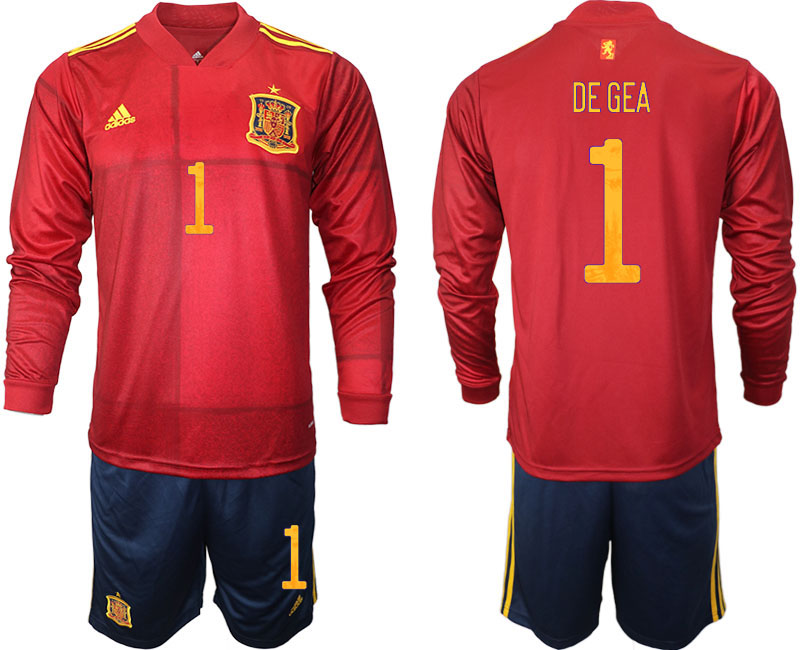 Men 2021 European Cup Spain home Long sleeve #1 De Gea soccer jerseys->spain jersey->Soccer Country Jersey